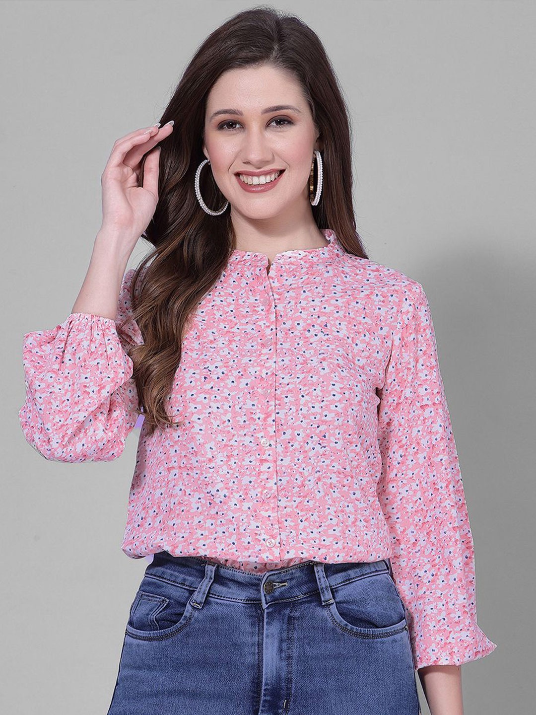 

Selvia Floral Printed Band Collar Casual Shirt, Pink