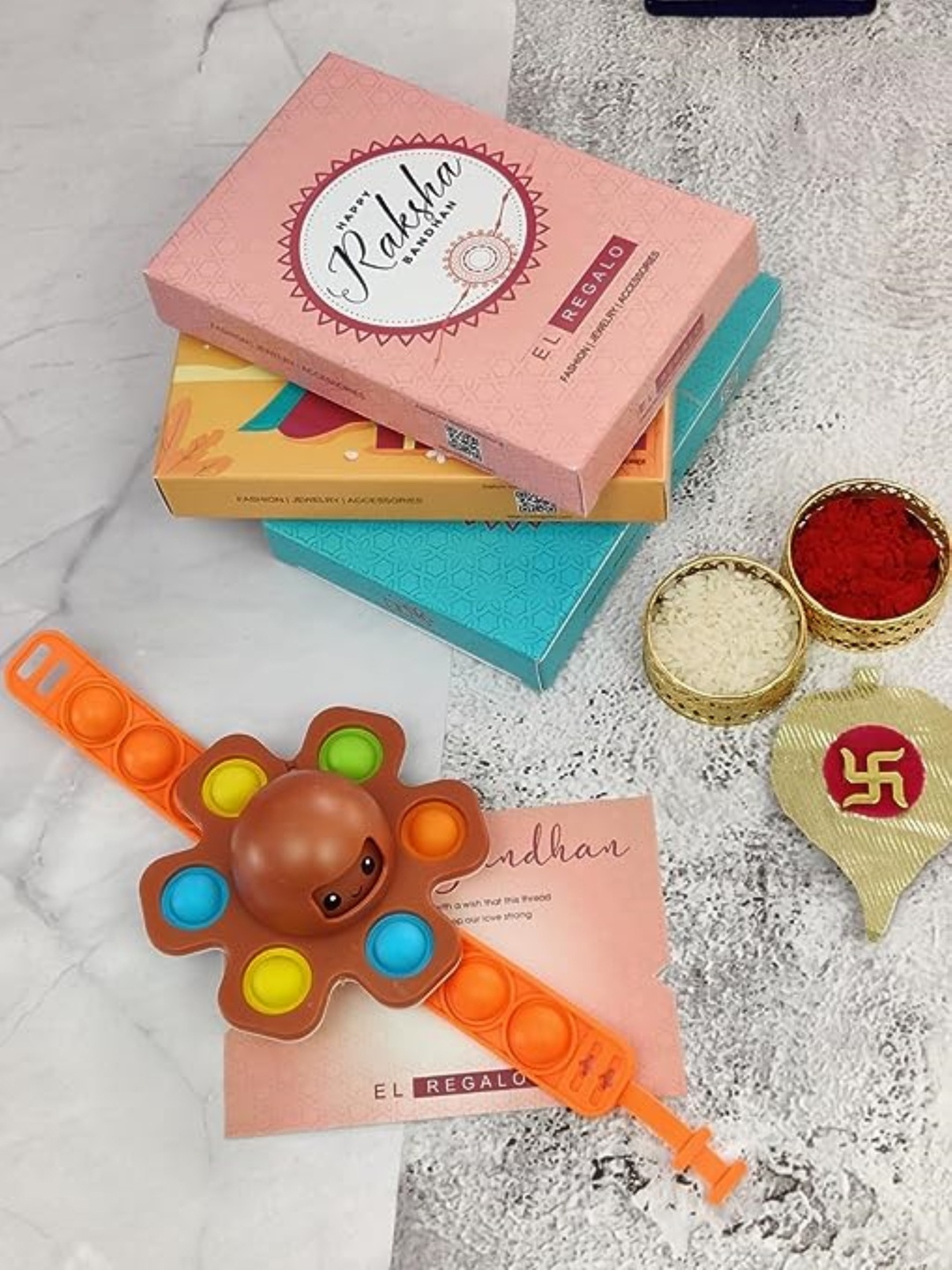 

EL REGALO Kids Rakhi With Roli Chawal & Greeting Card, Brown