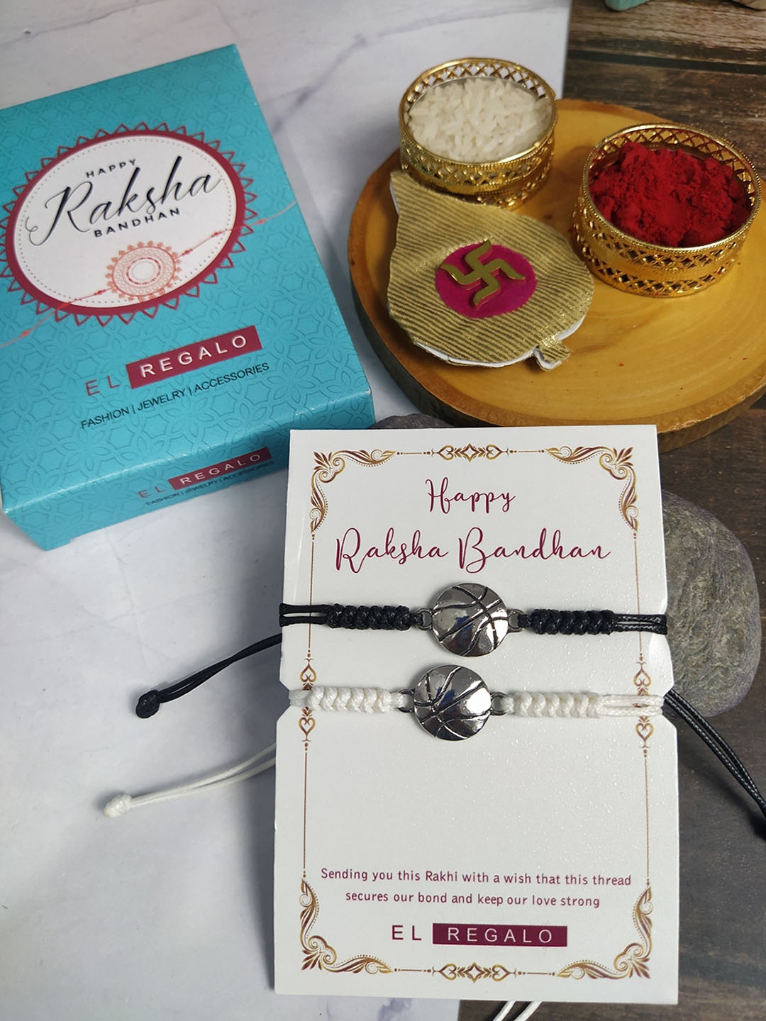 

EL REGALO Set Of 2 Rakhi With Roli Chawal & Greeting Card, Silver