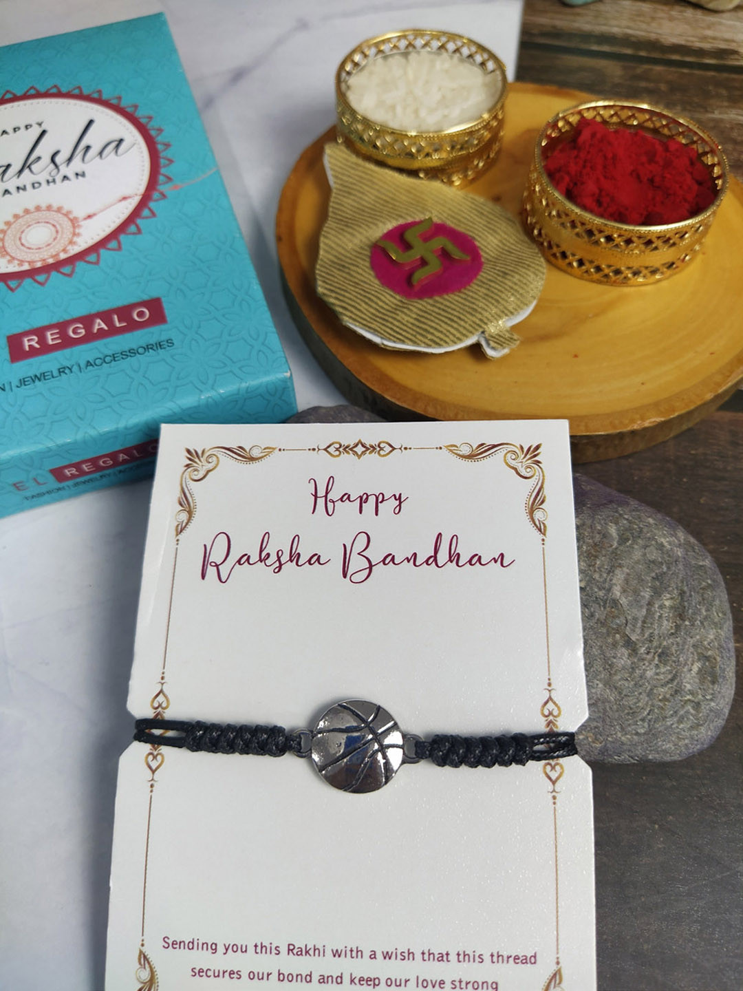 

EL REGALO Men Beaded Wraparound Rakhi With Roli Chawal & Greeting Card, Silver