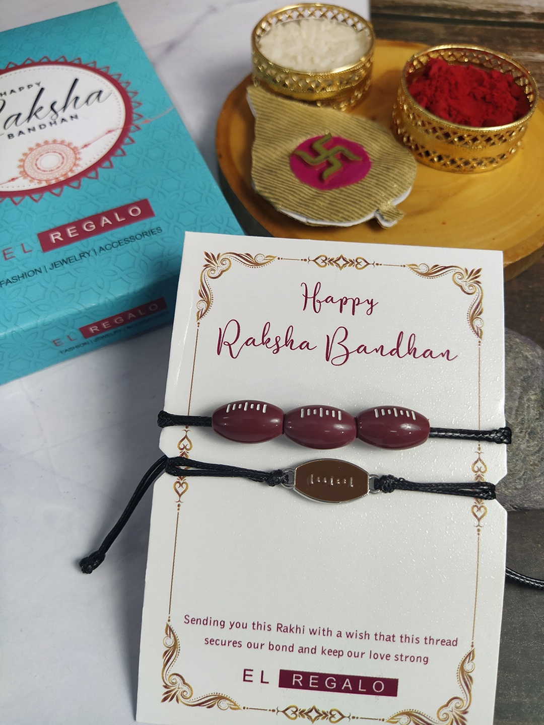 

EL REGALO Men Set Of 2 Charm Detail Rakhis With Roli Chawal, Black