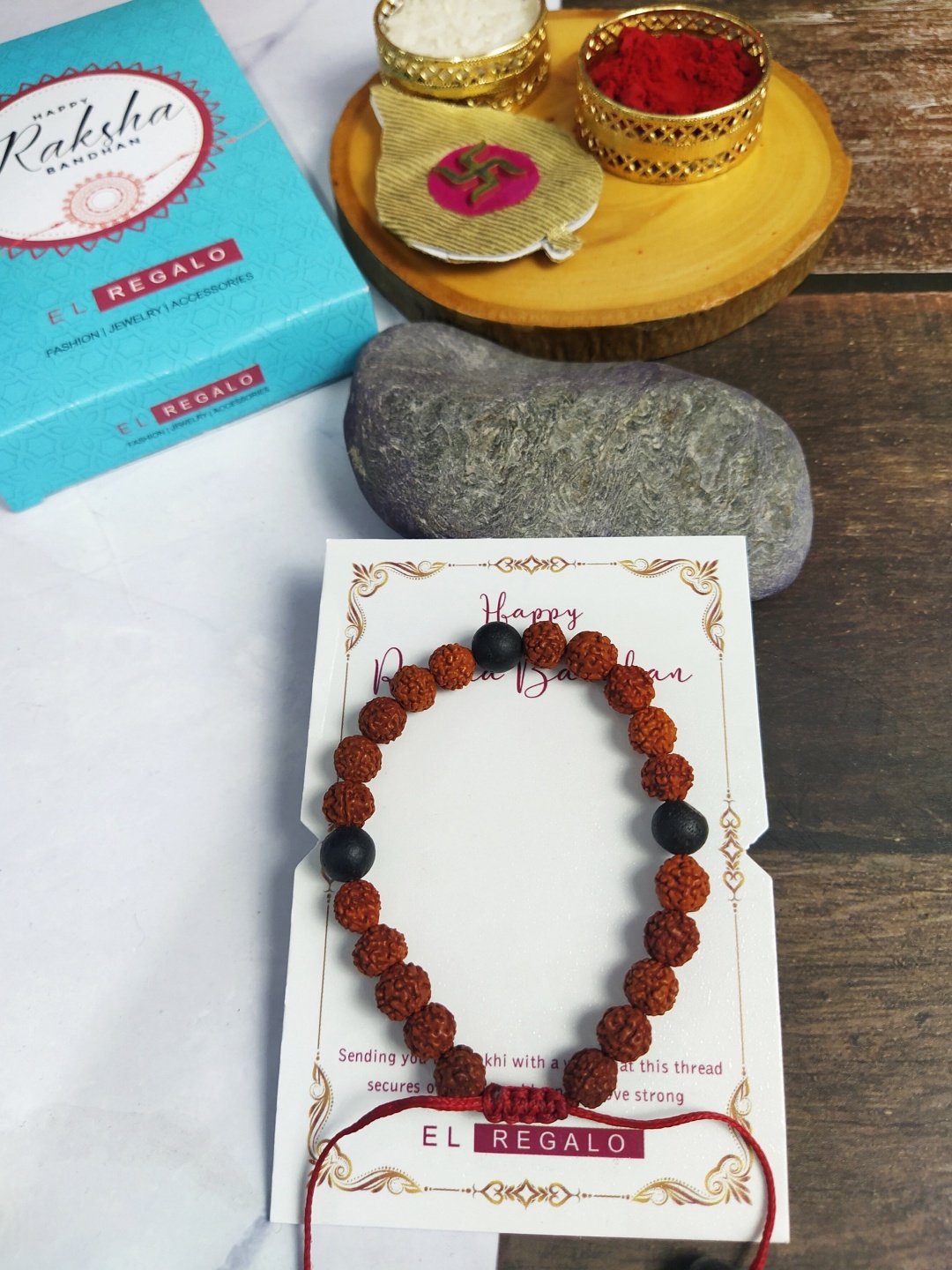 

EL REGALO Men Rudraksha Beaded Rakhi With Roli Chawal & Greeting Card, Brown