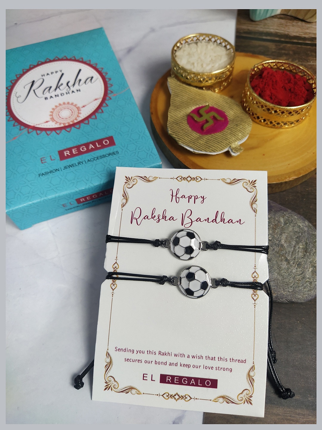 

EL REGALO Men Set Of 2 Charm Detail Rakhis With Roli Chawal, Black