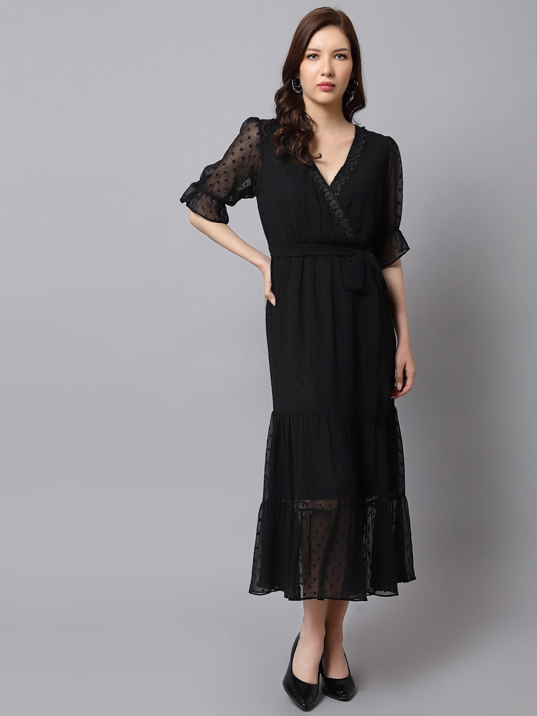 

Just Wow Puff Sleeves Dobby Chiffon Midi Wrap Dress, Black