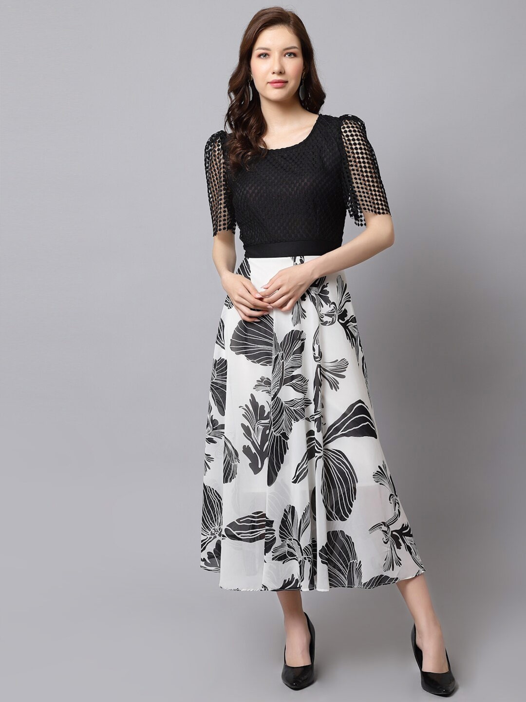 

Just Wow Floral Printed Georgette Fit & Flare Midi Dress, Black