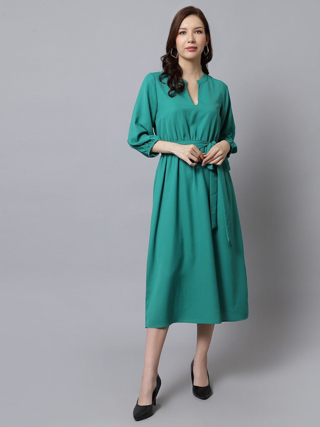 

Just Wow Puff Sleeve A-Line Midi Dress, Green