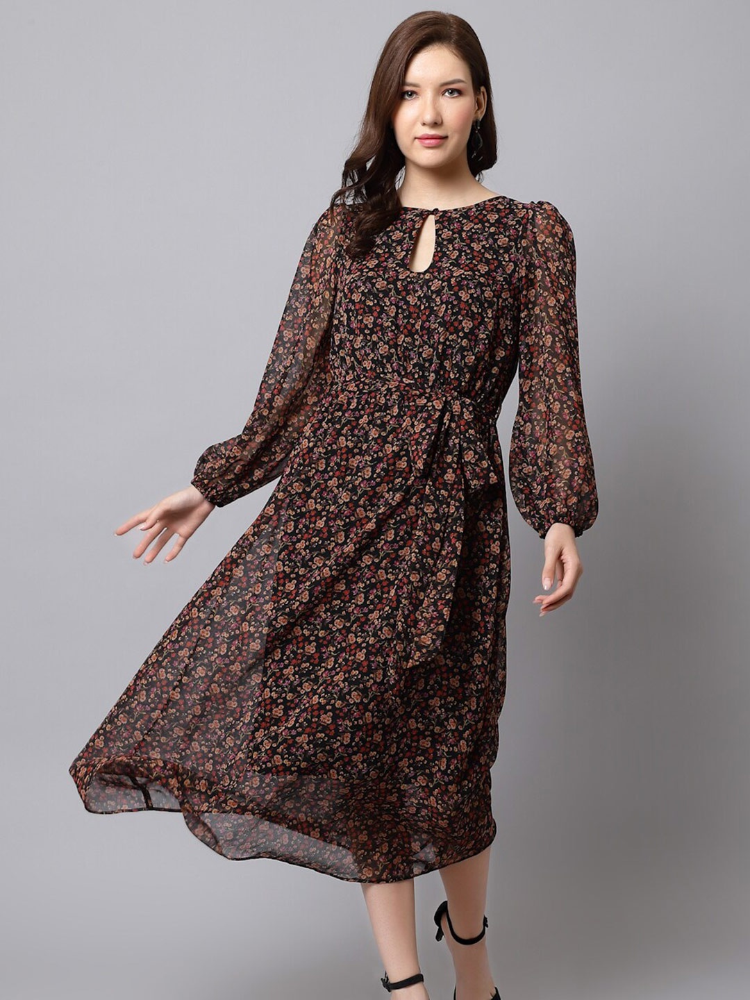 

Just Wow Floral Printed Keyhole Neck Puff Sleeve Georgette A-Line Midi Dress, Black