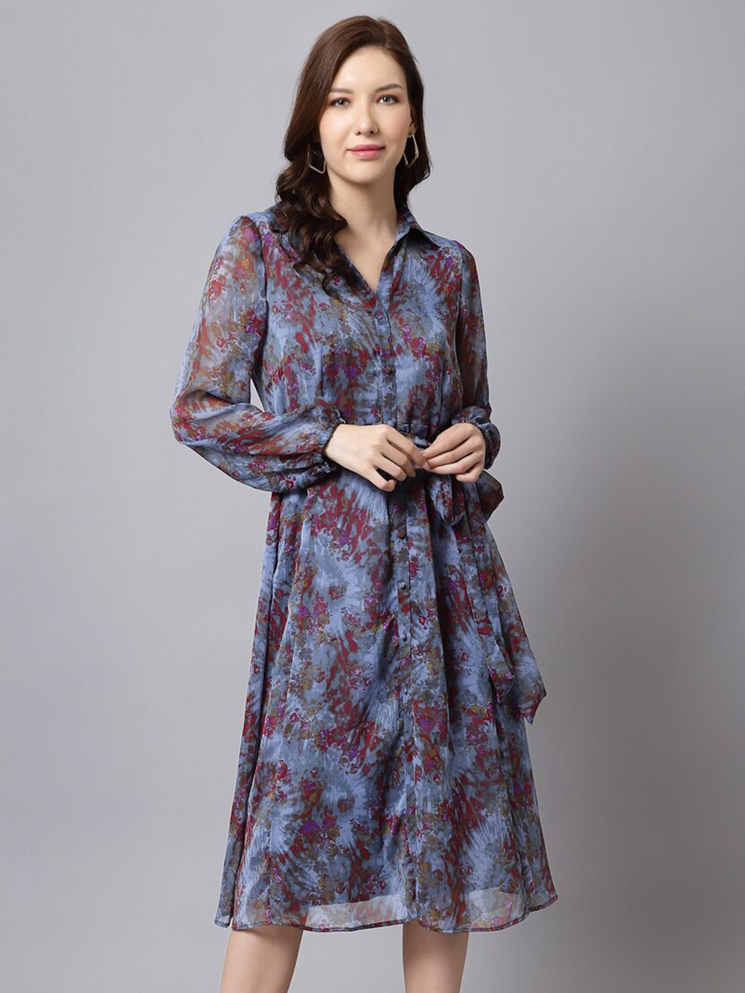 

Just Wow Floral Printed Chiffon Shirt Midi Dress, Blue