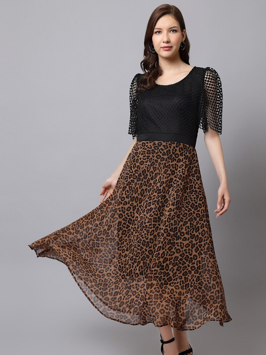 

Just Wow Animal Printed Chiffon Fit And Flare Midi Dress, Black