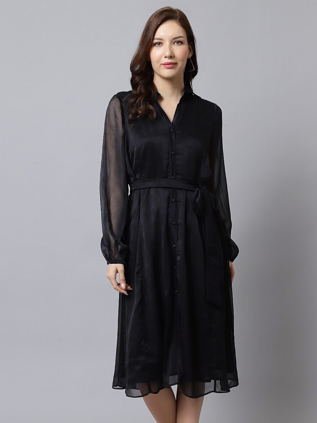 

Just Wow Chiffon Cuffed Sleeves Shirt Midi Dress, Black