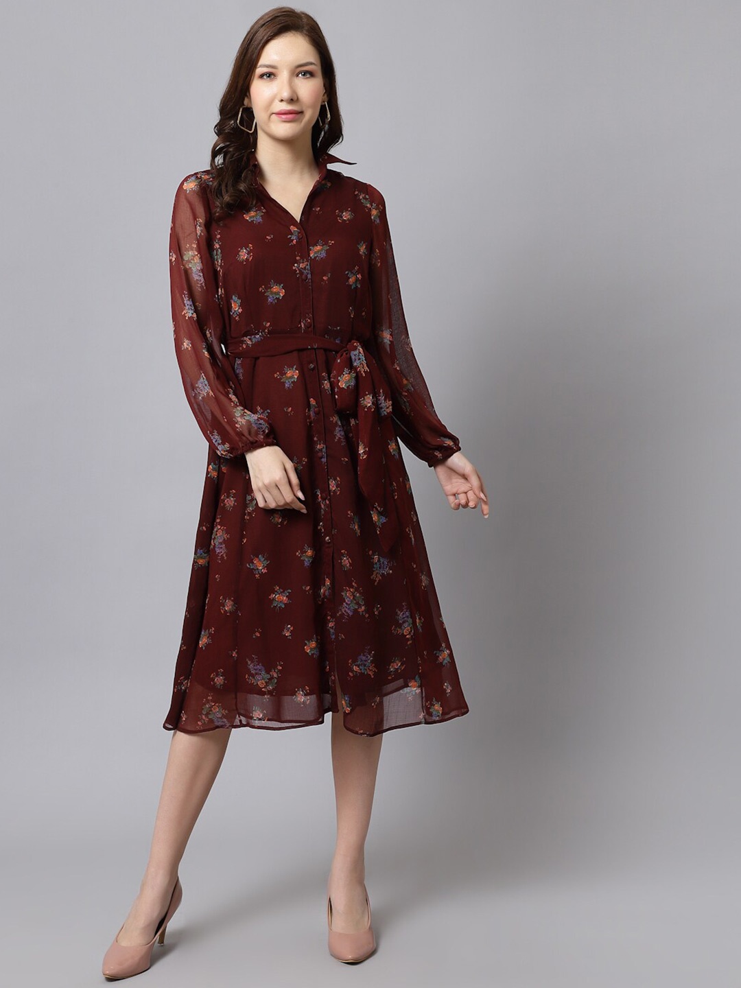 

Just Wow Floral Printed Puff Sleeve Georgette Shirt Midi Dress, Maroon