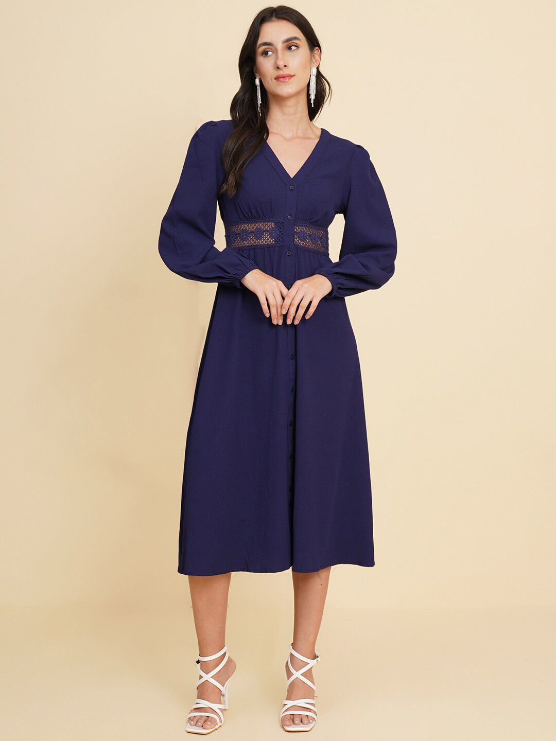 

HOUSE OF KKARMA V-Neck Puff Sleeves A-Line Midi Dress, Navy blue