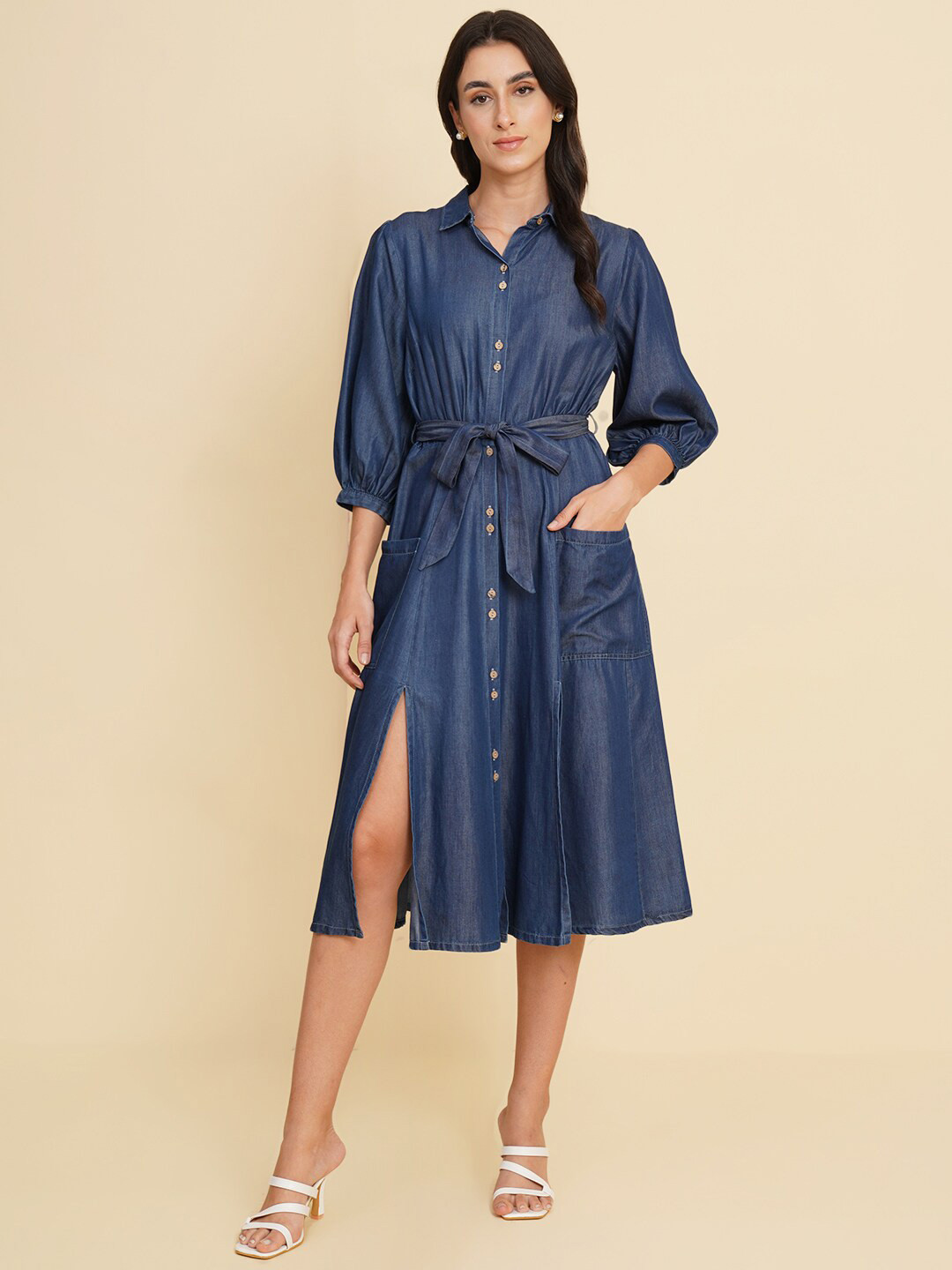 

HOUSE OF KKARMA Shirt Collar Puff Sleeves Cotton Shirt Midi Dress, Blue