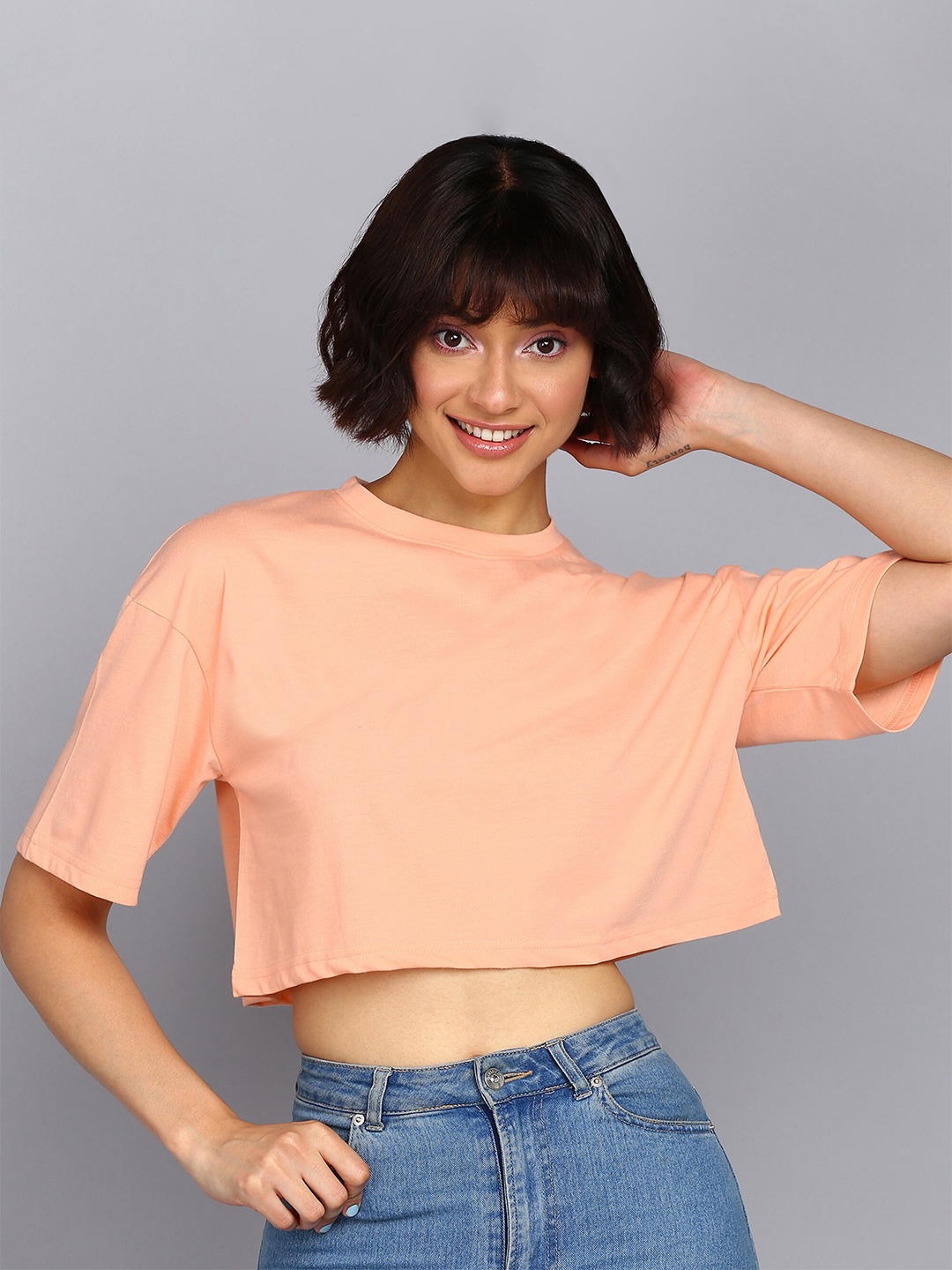 

Adyavastram Round Neck Cotton Boxy Crop Top, Peach
