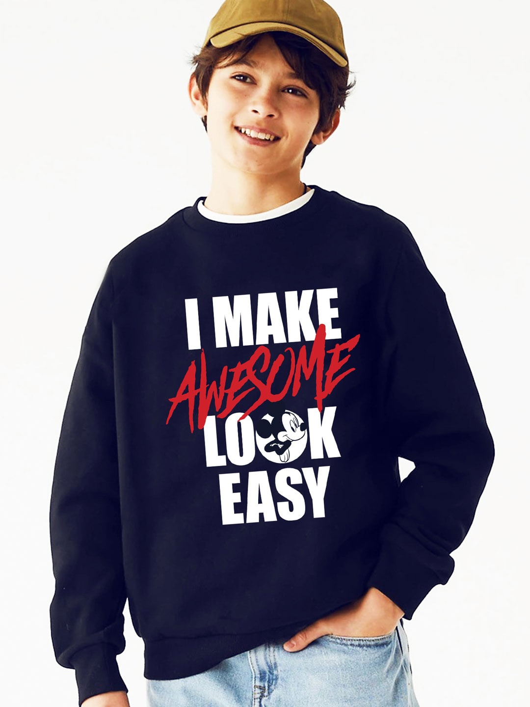 

KINSEY Boys Mickey Mouse & Typography Printed Fleece Sweatshirt, Navy blue