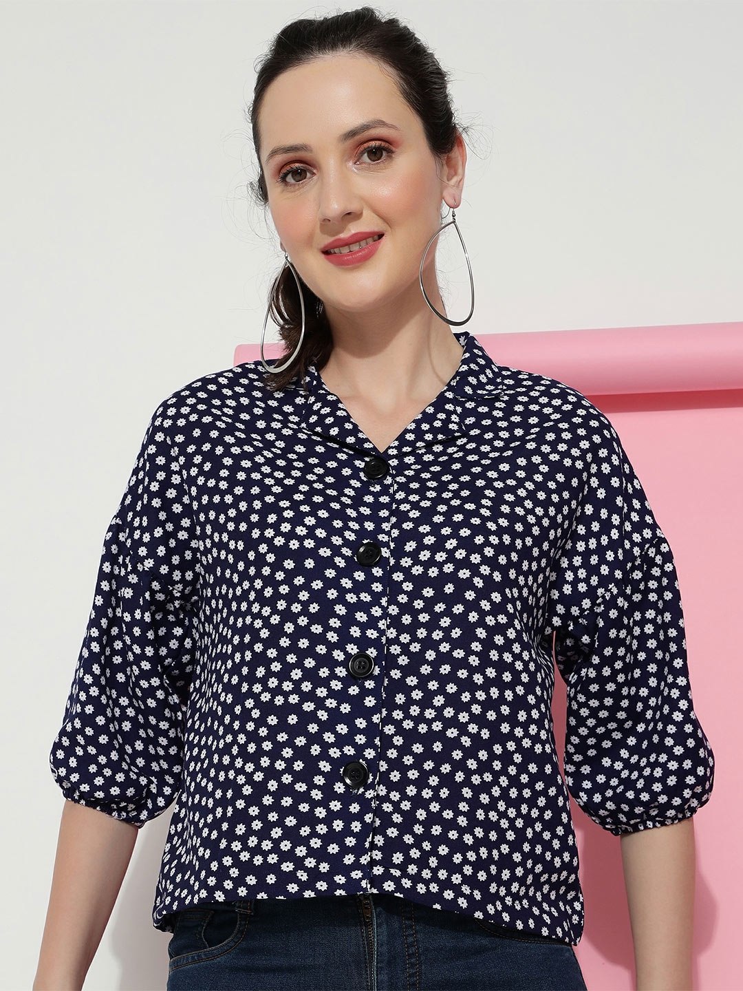 

CLEMIRA Polka Dot Print Puff Sleeve Shirt Style Top, Black