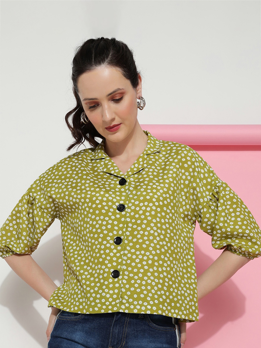 

CLEMIRA Print Mandarin Collar Shirt Style Top, Green