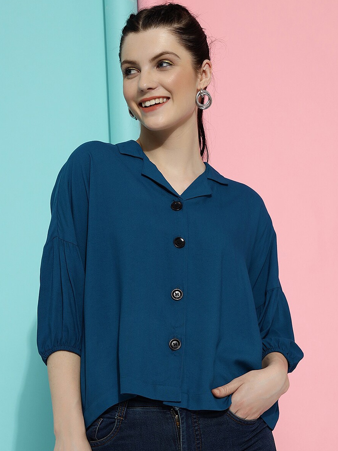 

CLEMIRA Shirt Collar Puff Sleeves Shirt Style Top, Turquoise blue