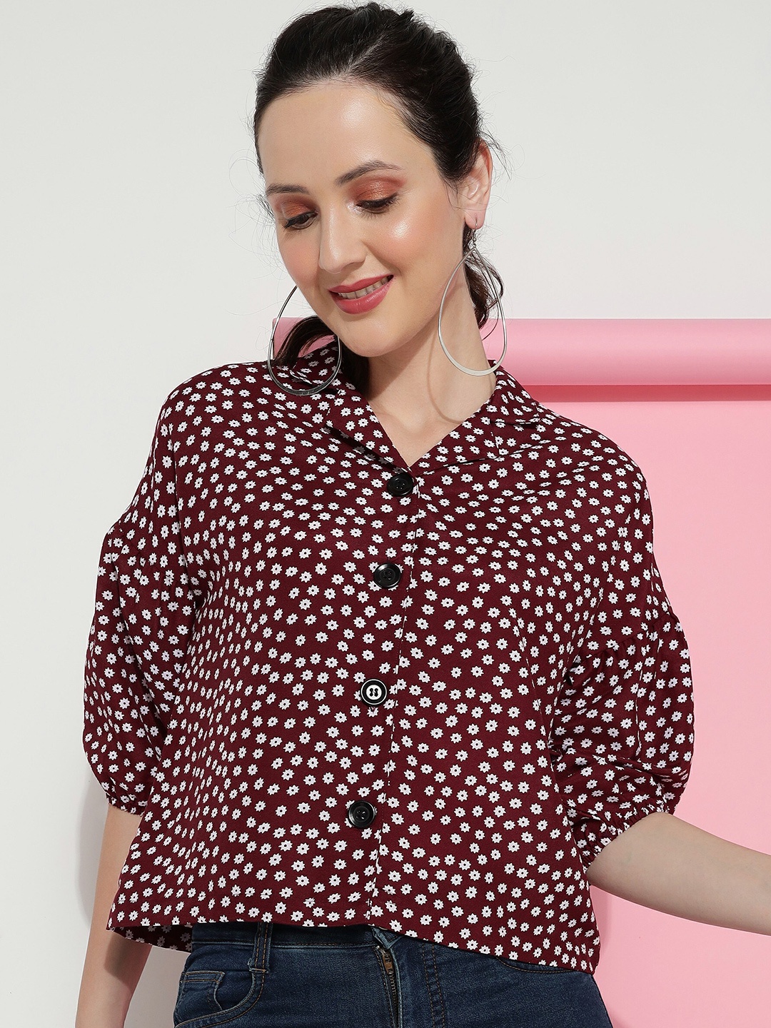 

CLEMIRA Floral Printed Shirt Collar Puff Sleeves Shirt Style Top, Maroon