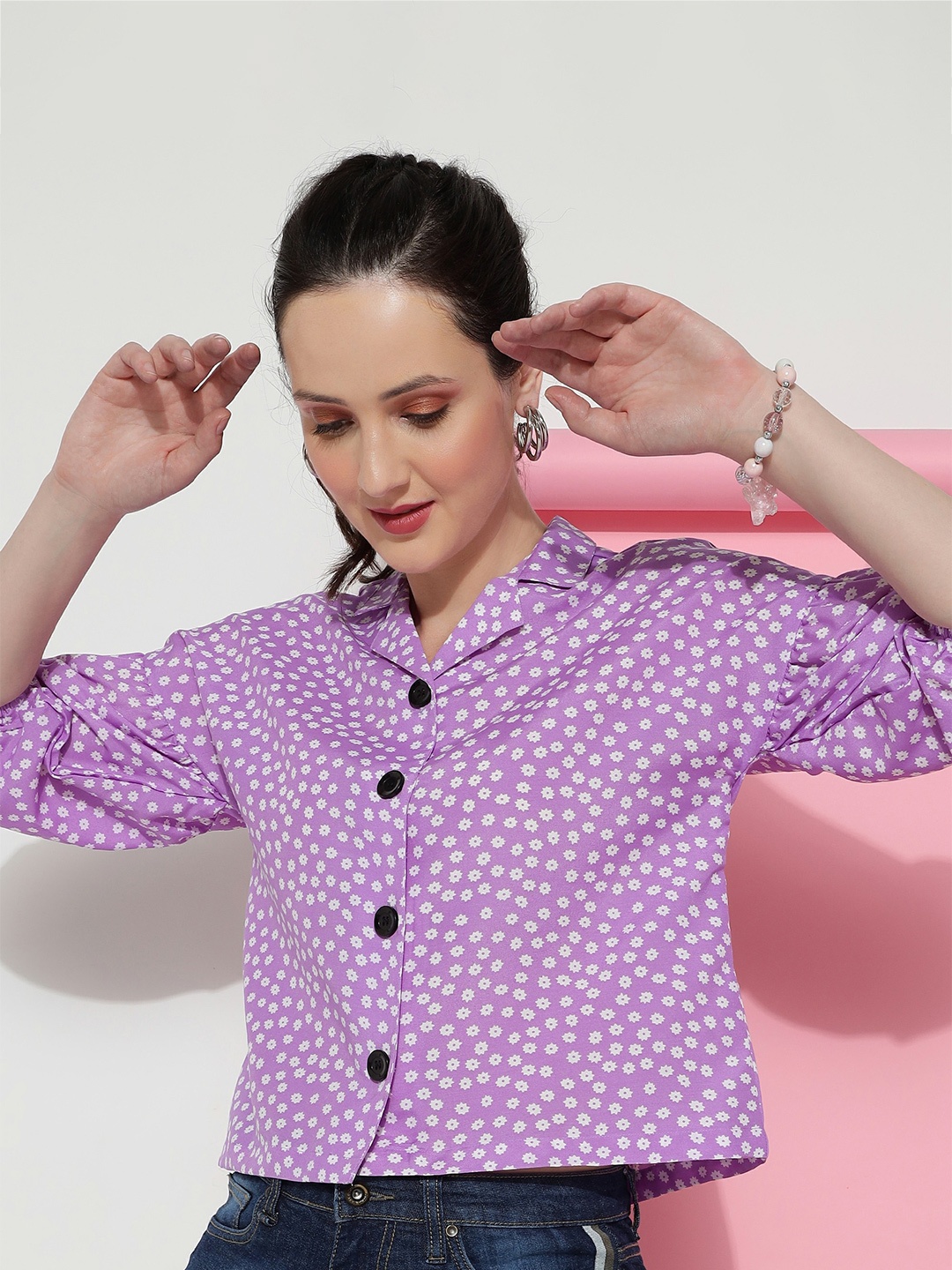 

CLEMIRA Floral Printed Shirt Collar Puff Sleeves Shirt Style Top, Purple