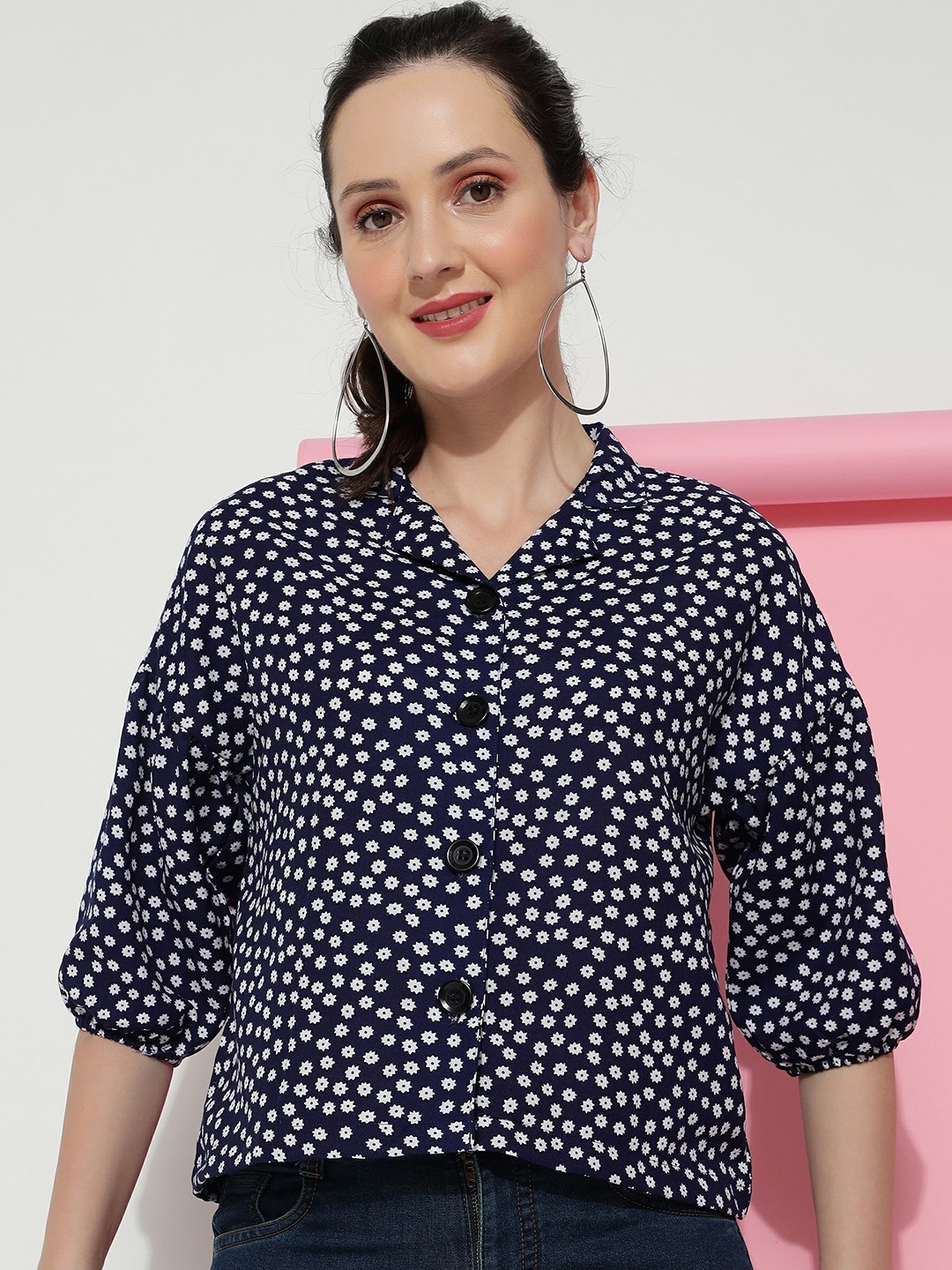 

CLEMIRA Floral Printed Shirt Collar Puff Sleeves Shirt Style Top, Black