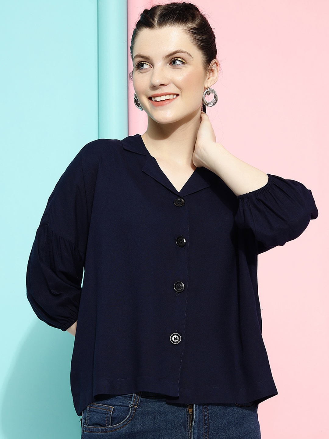 

CLEMIRA Shirt Collar Puff Sleeves Shirt Style Top, Navy blue
