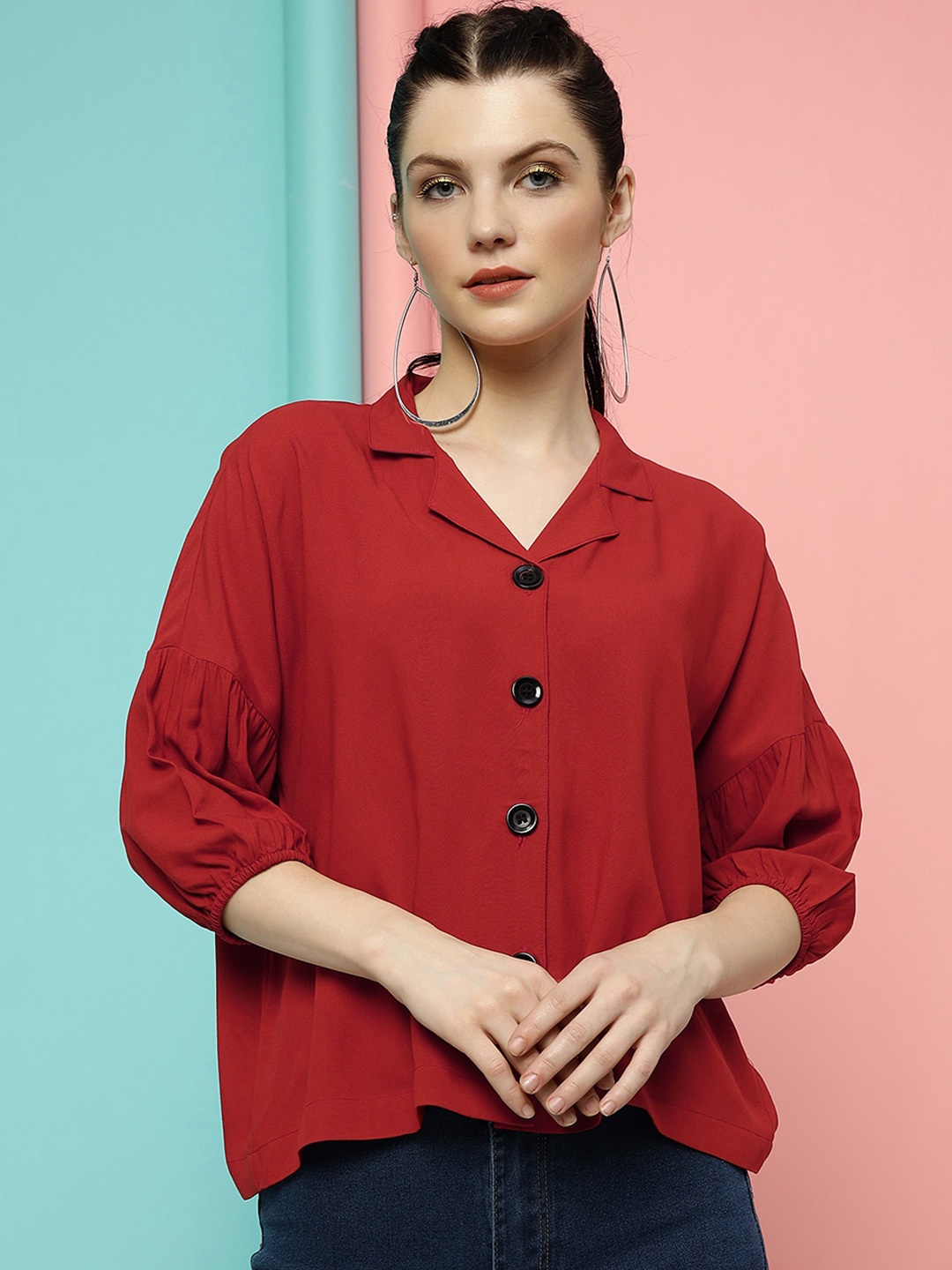 

CLEMIRA Puff Sleeves Shirt Style Top, Red