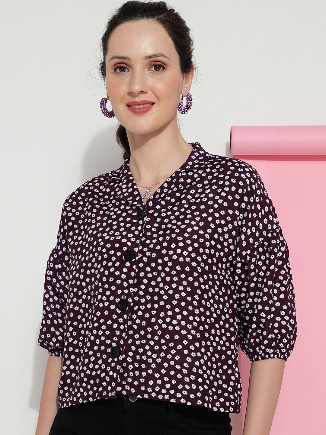 

CLEMIRA Floral Printed Puff Sleeves Shirt Style Top, Burgundy
