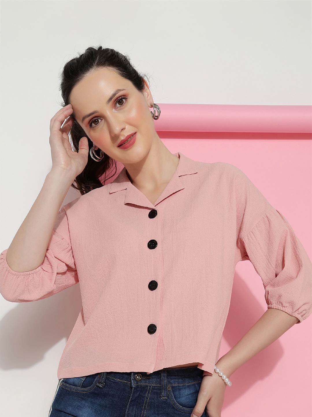 

CLEMIRA Shirt Collar Puff Sleeves Shirt Style Top, Peach
