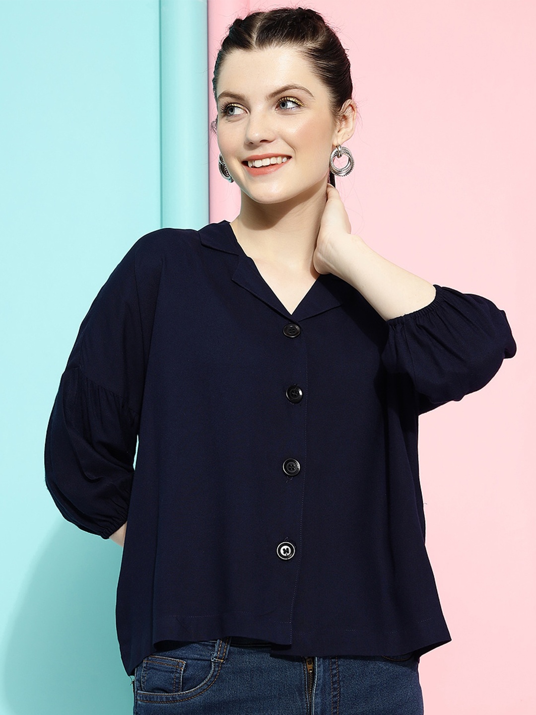 

CLEMIRA Shirt Collar Puff Sleeves Shirt Style Top, Navy blue