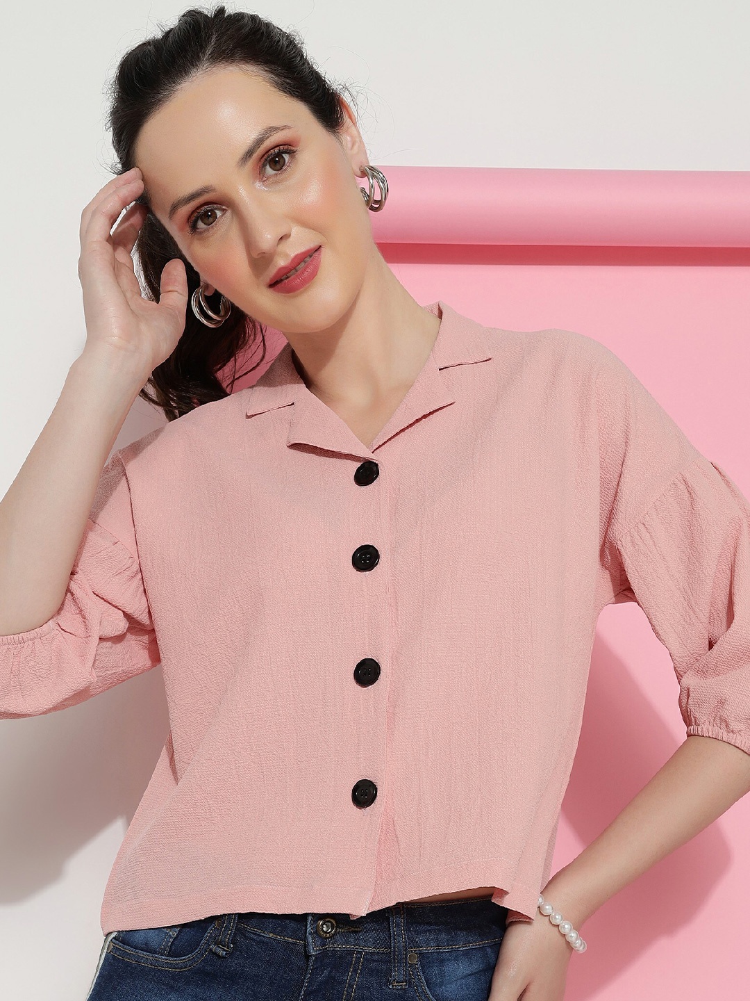 

CLEMIRA Shirt Collar Puff Sleeves Shirt Style Top, Peach