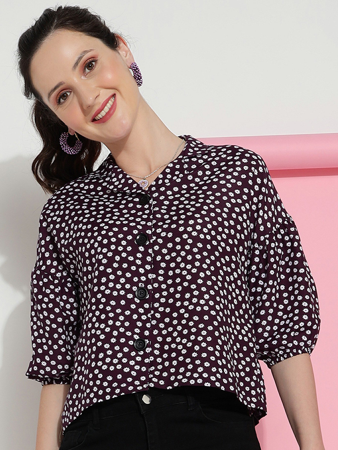 

CLEMIRA Floral Printed Puff Sleeves Shirt Style Top, Burgundy
