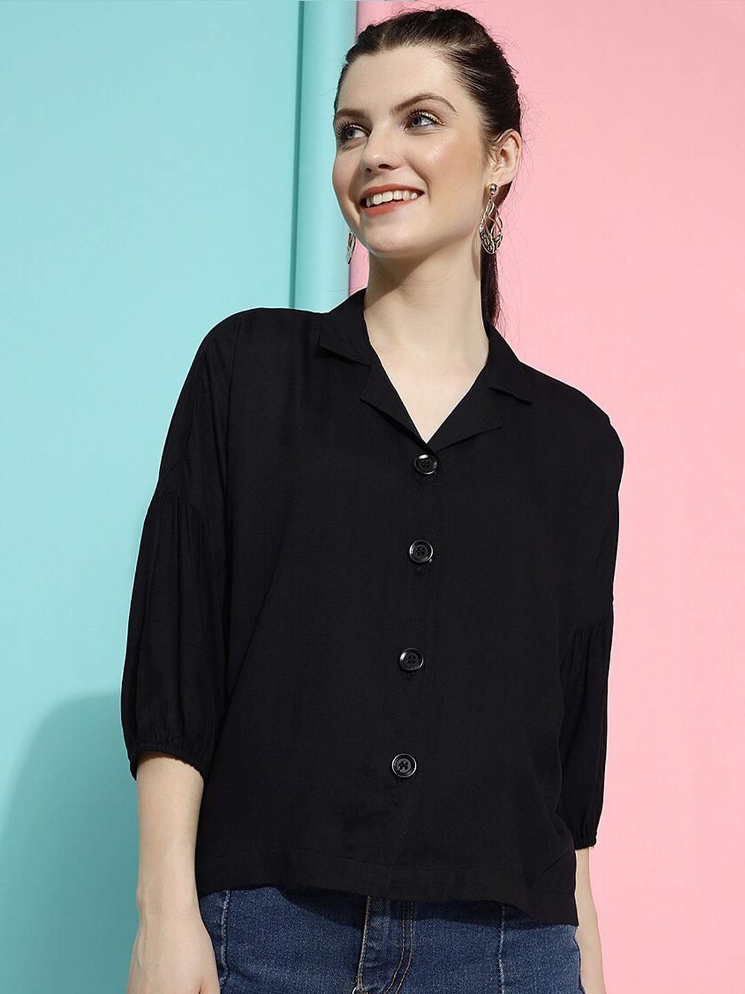 

CLEMIRA Shirt Collar Puff Sleeves Shirt Style Top, Black