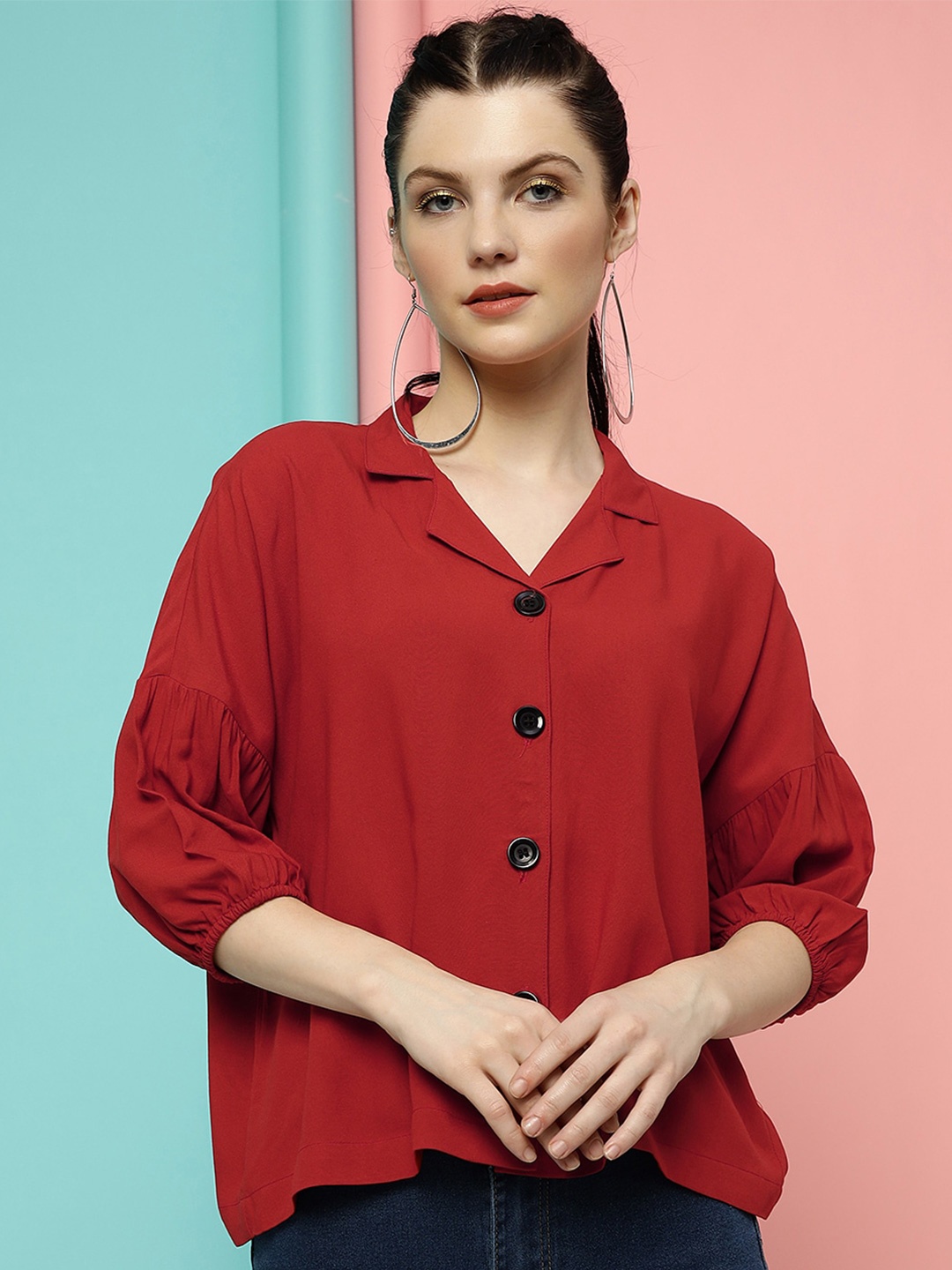 

CLEMIRA Shirt Collar Puff Sleeves Shirt Style Top, Red