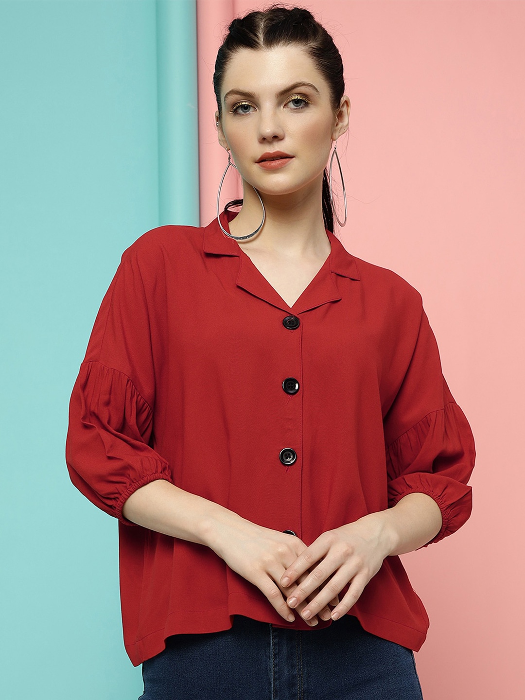 

CLEMIRA Drop Shoulder Shirt Style Top, Red