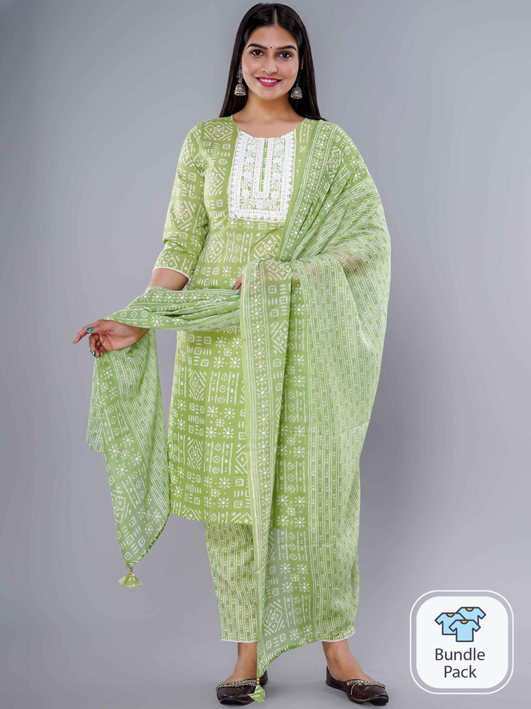 

IkDaiya Ethnic Motifs Printed Thread Work Pure Cotton Kurta with Trousers & Dupatta, Green