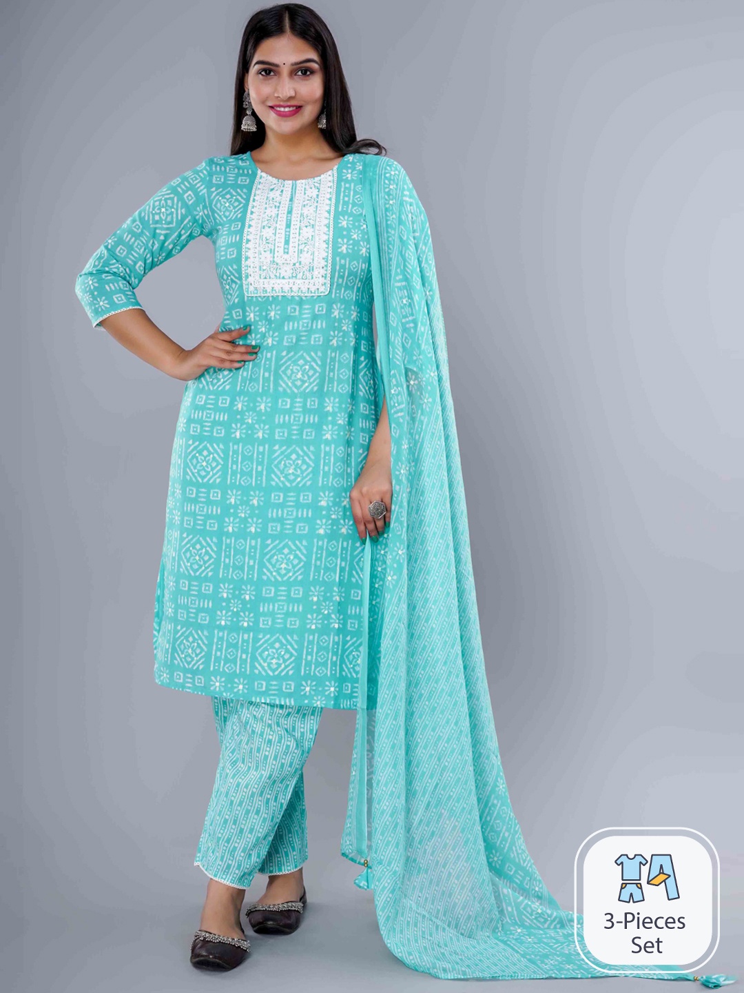 

IkDaiya Ethnic Motifs Printed Thread Work Pure Cotton Kurta with Trousers & Dupatta, Teal