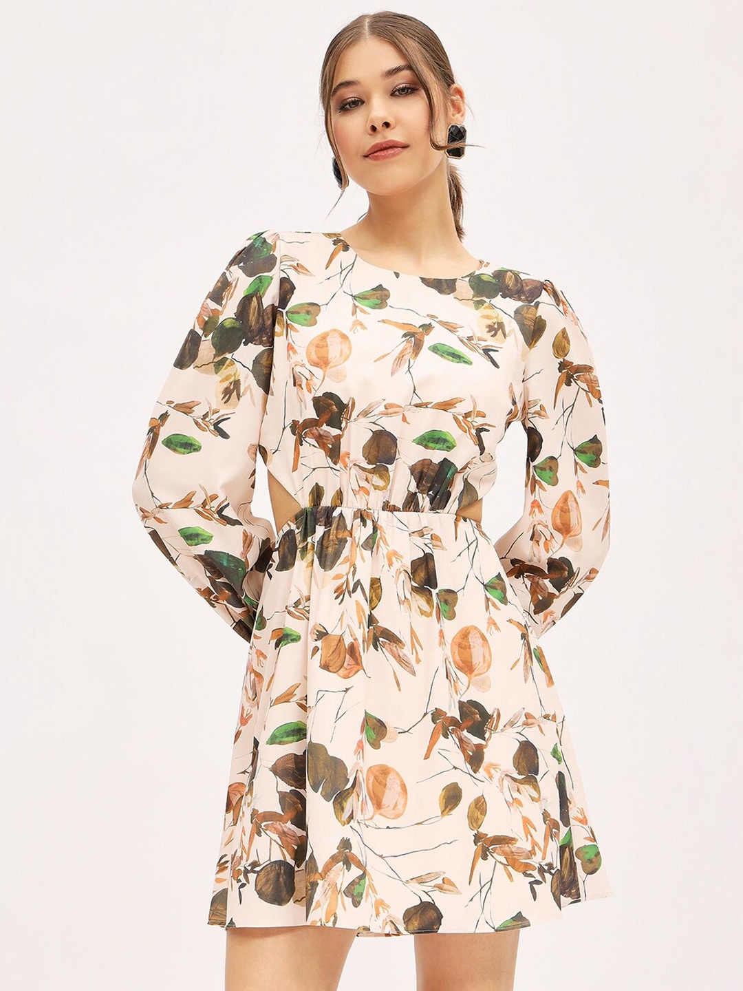 

Harpa Floral Print Puff Sleeves Fit & Flare Dress, Cream