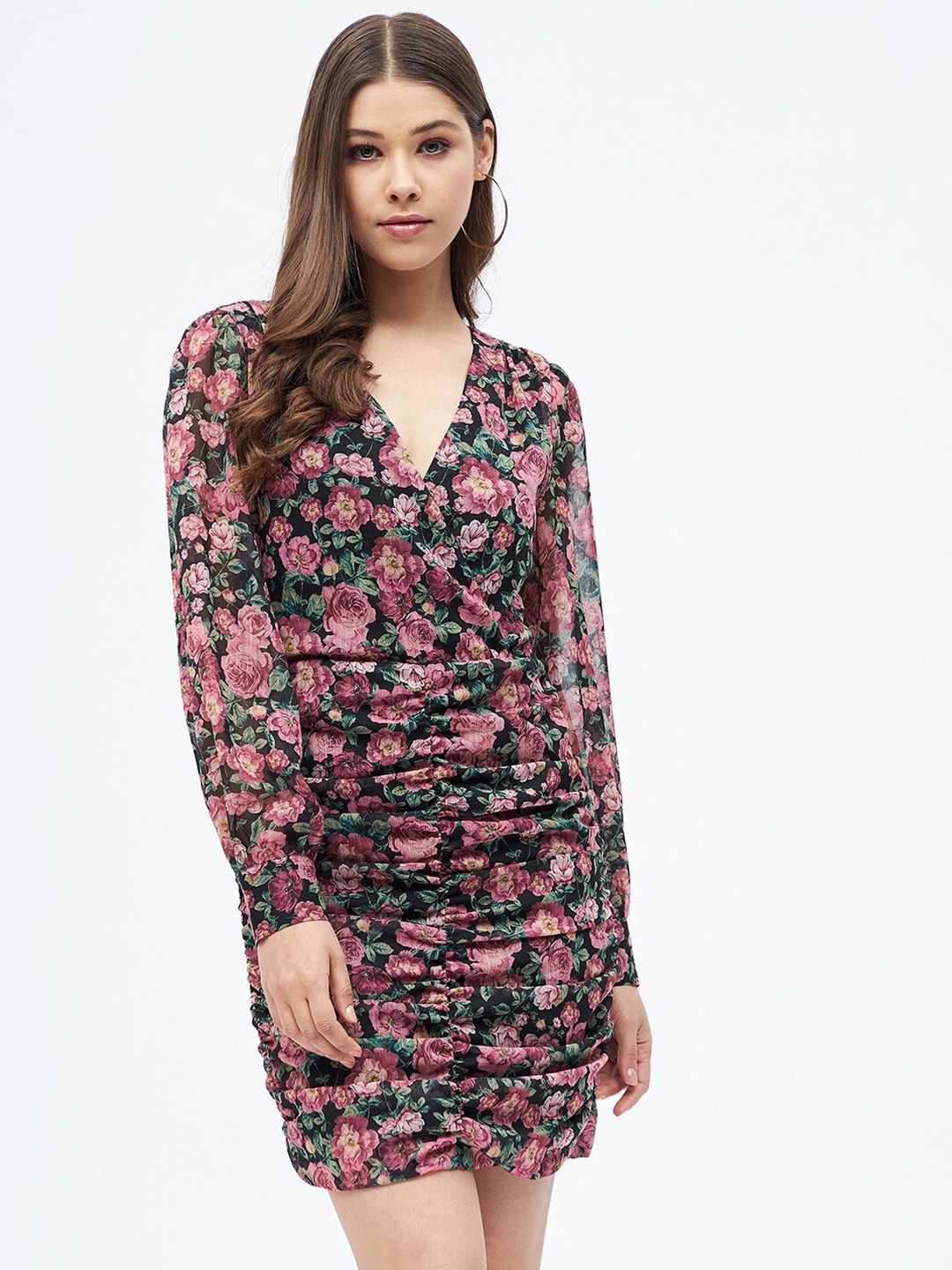 

Harpa Floral Printed V-Neck Cuffed Sleeves Gathered Detail Sheath Dress, Black