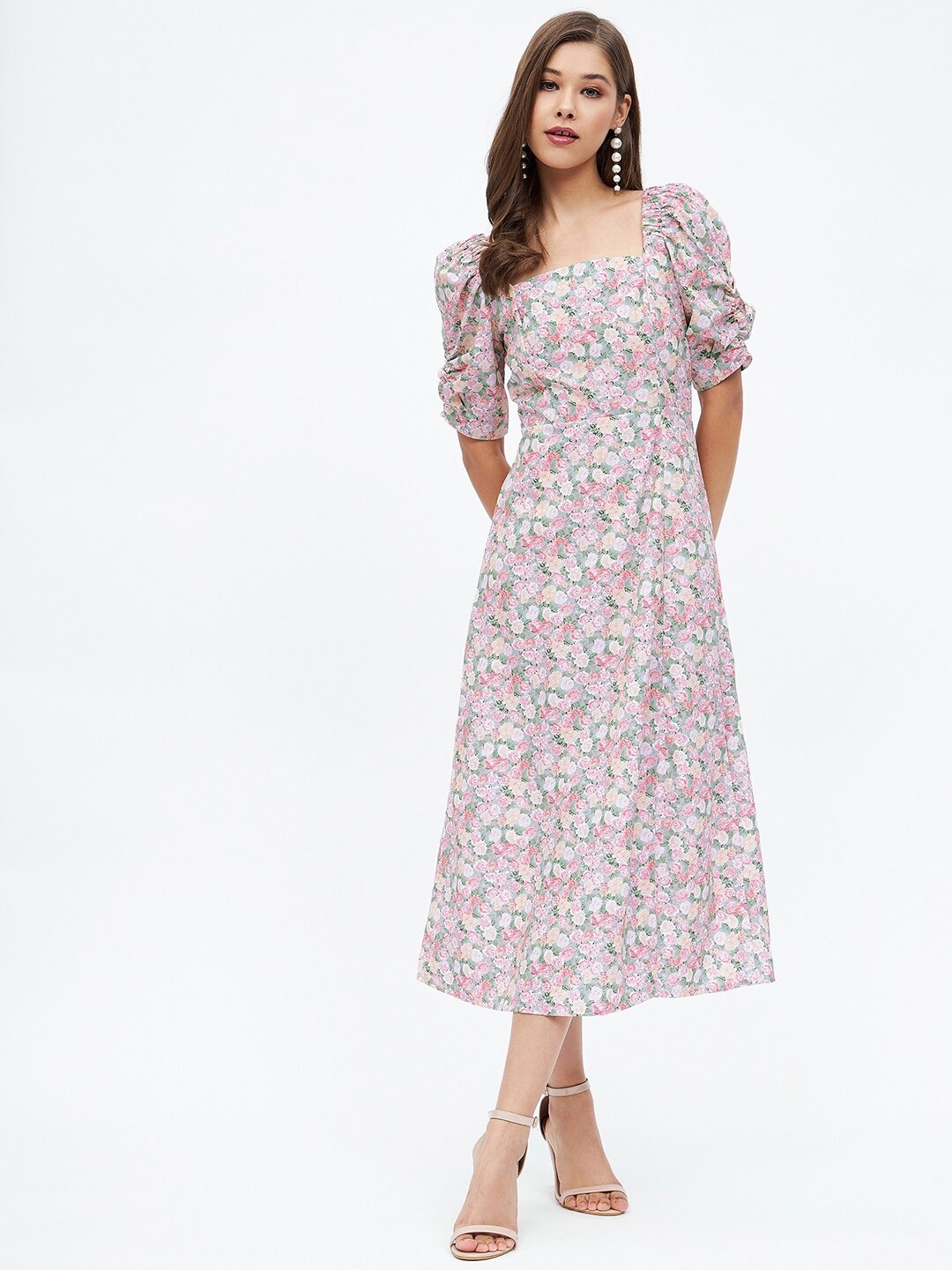 

Harpa Floral Printed Puff Sleeve A-Line Dress, Beige