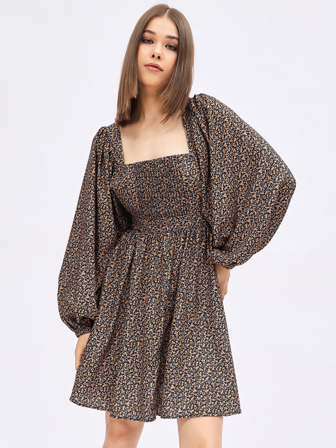 

Harpa Floral Printed Bishop Sleeves Fit & Flare Dress, Black