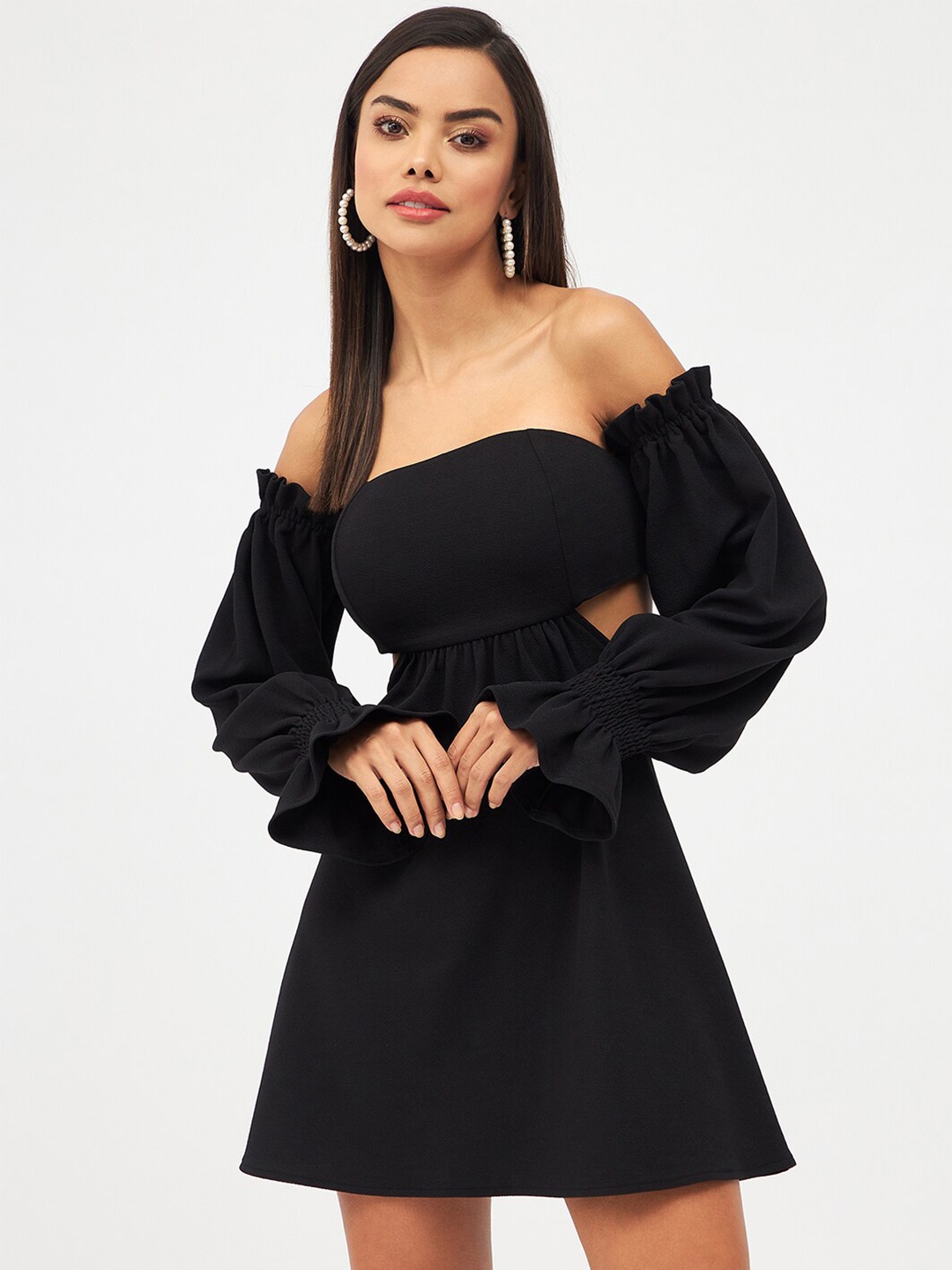 

Harpa Off-Shoulder Puff Sleeve Fit & Flare Dress, Black