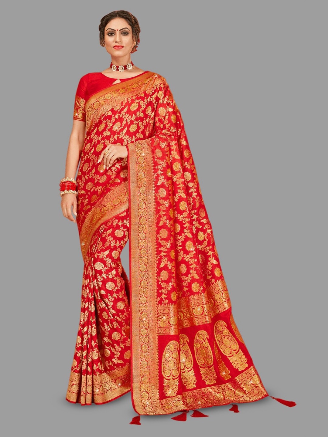 

HASRI Floral Woven Design Zari Pure Silk Banarasi Saree, Red