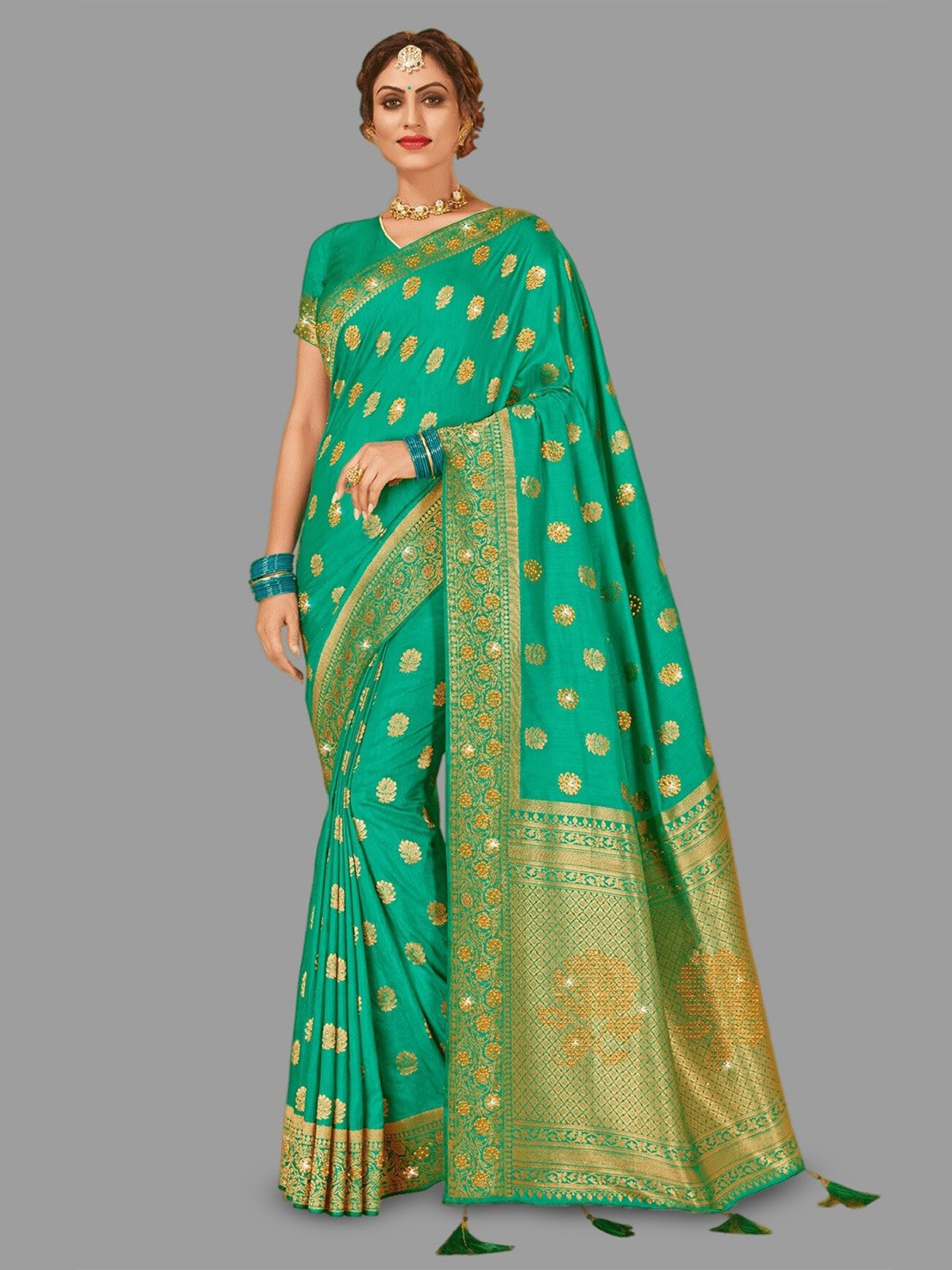 

HASRI Floral Woven Design Zari Pure Silk Banarasi Saree, Green
