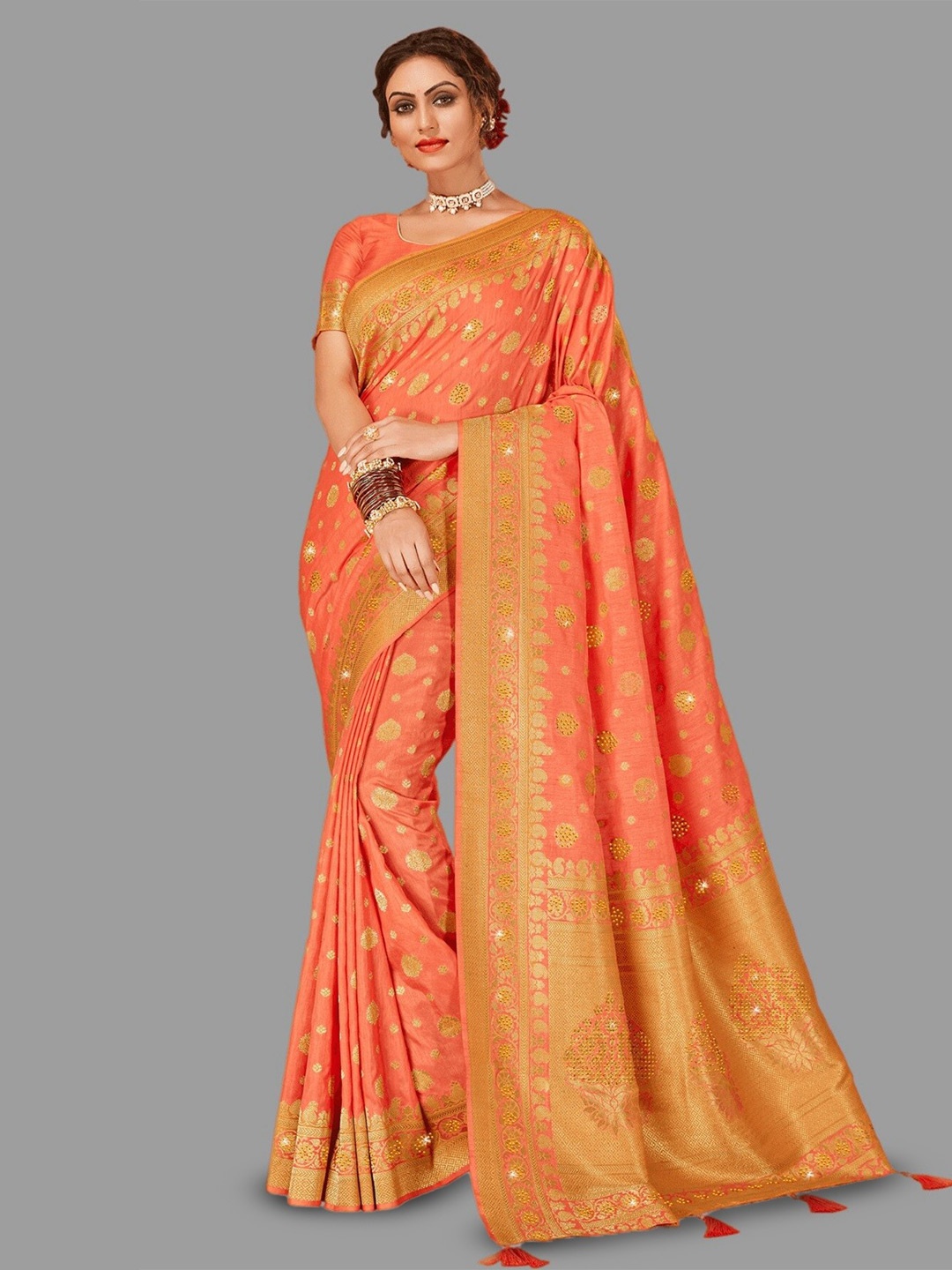 

HASRI Ethnic Motifs Woven Design Zari Pure Silk Banarasi Saree, Peach