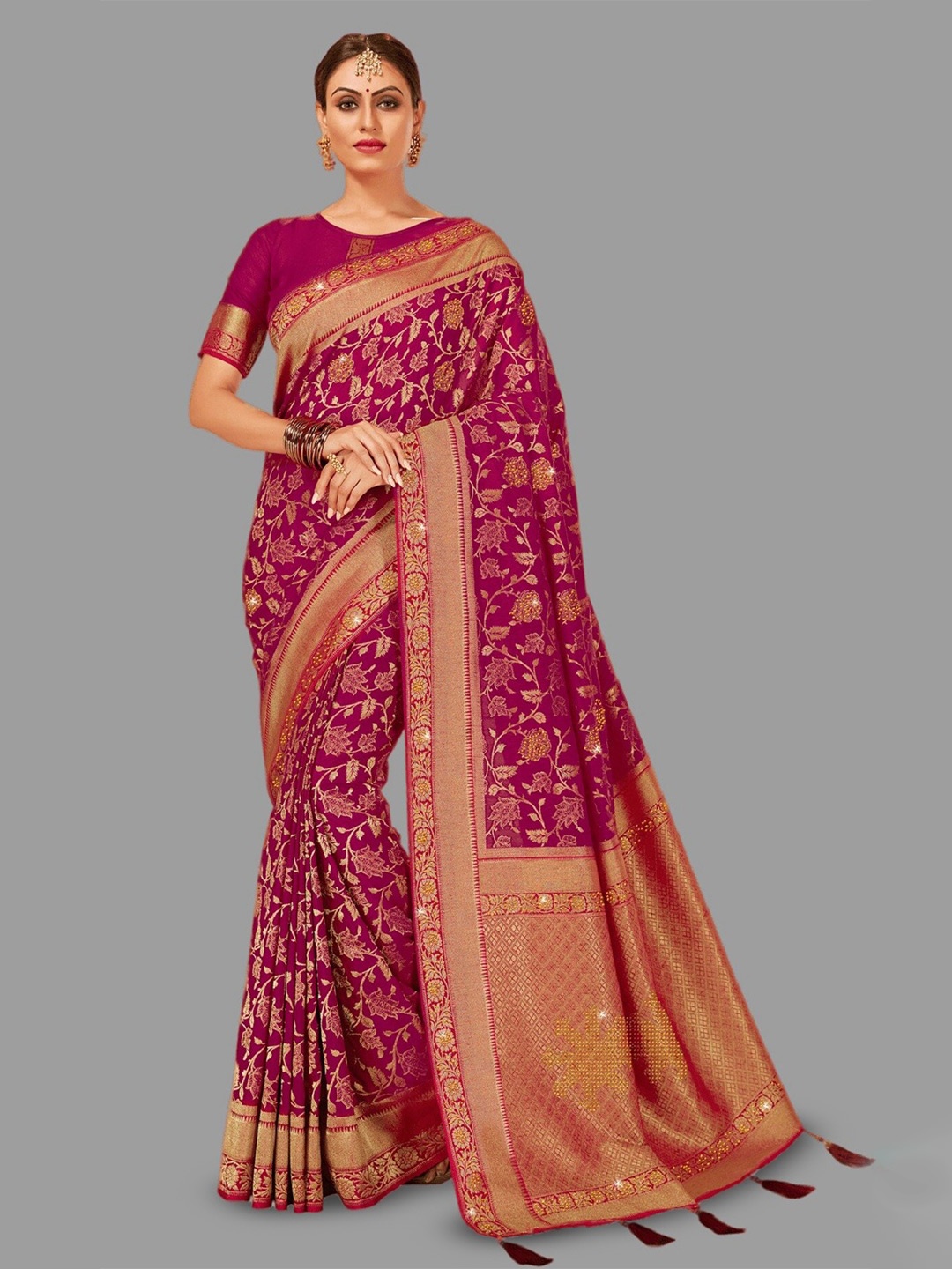 

HASRI Floral Woven Design Zari Pure Silk Banarasi Saree, Purple
