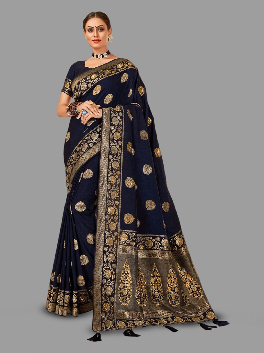 

HASRI Ethnic Motifs Woven Design Zari Pure Silk Banarasi Saree, Black