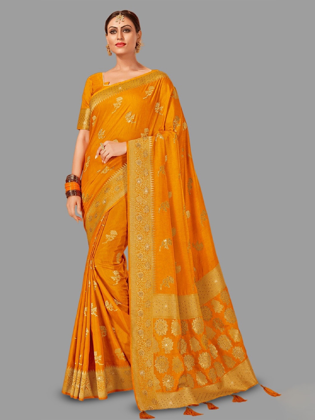 

HASRI Floral Woven Design Zari Pure Silk Banarasi Saree, Yellow