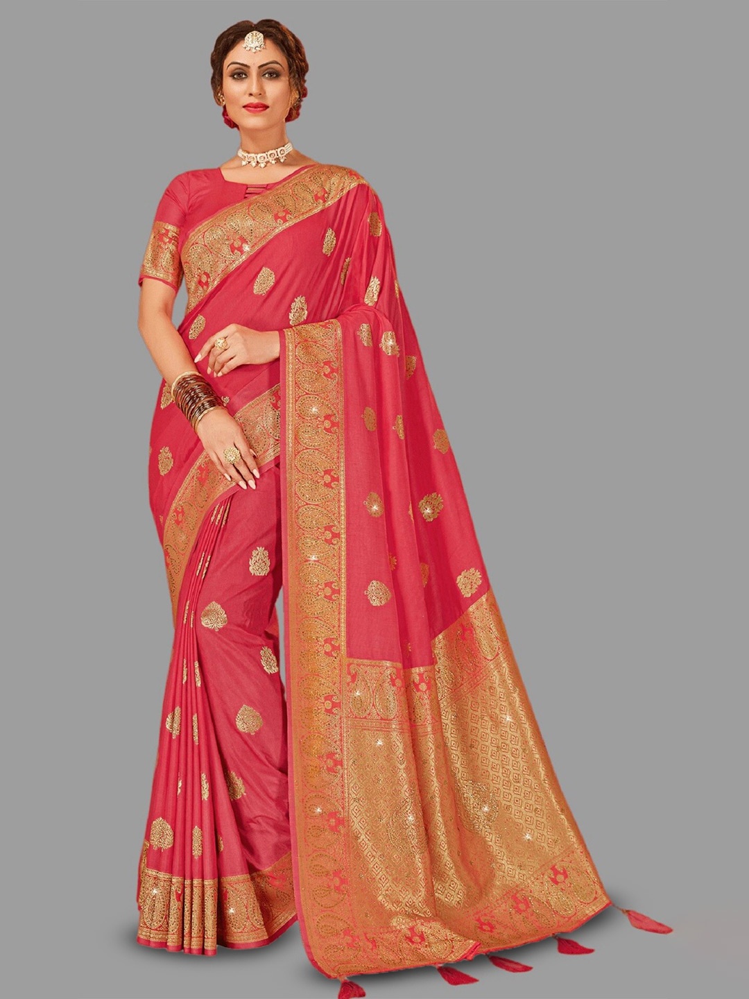 

HASRI Ethnic Motifs Woven Design Zari Pure Silk Banarasi Saree, Coral