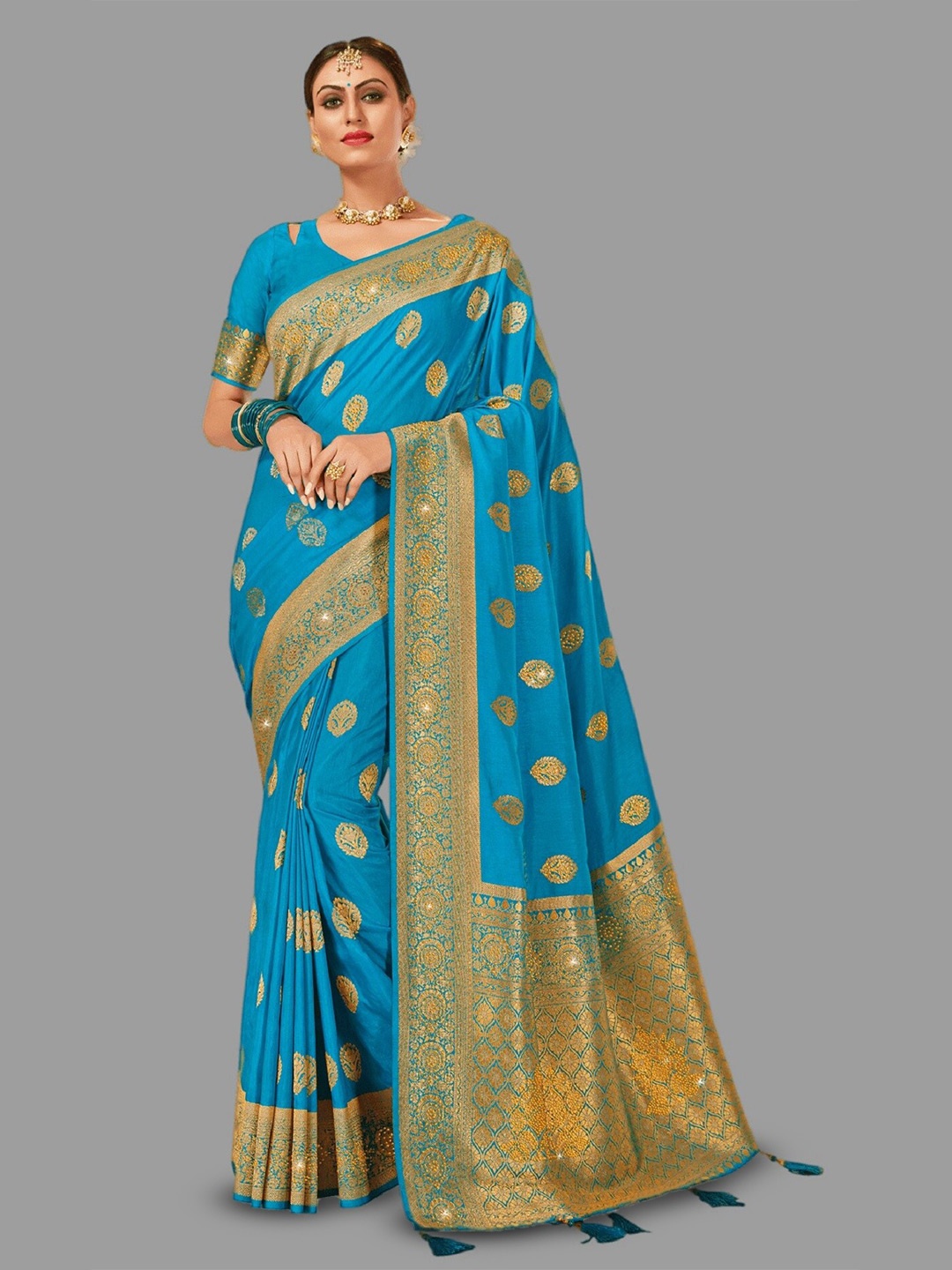 

HASRI Ethnic Motifs Woven Design Zari Pure Silk Banarasi Saree, Blue